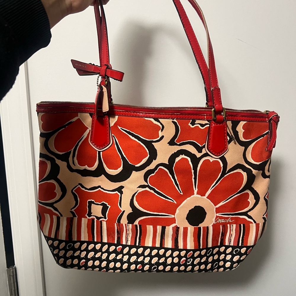 Coach Poppy Orange/Red/Black Floral Satchel/Tote Purse Bag